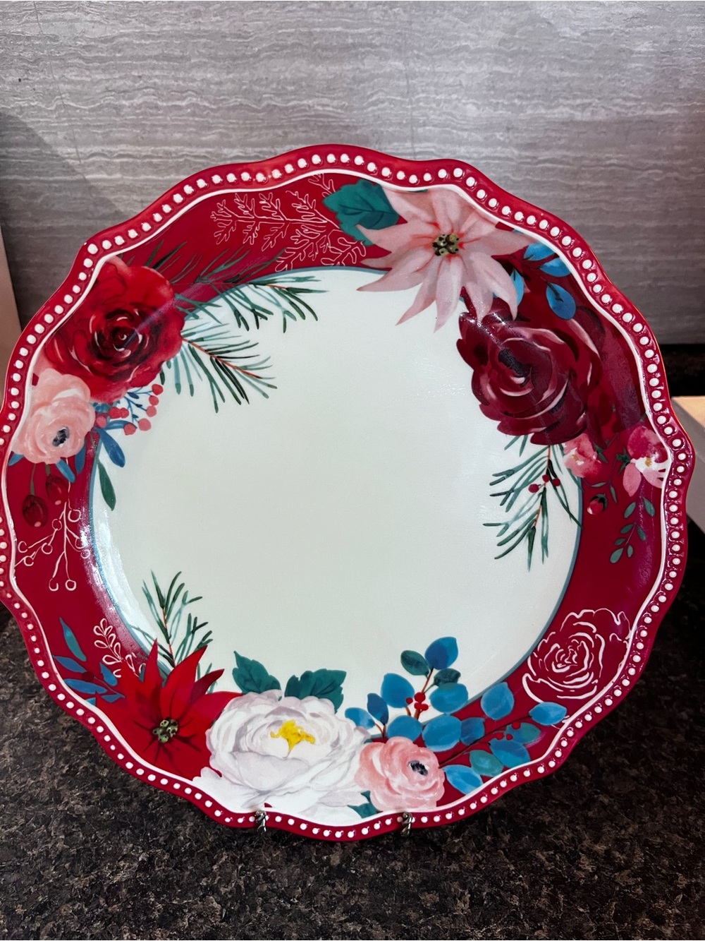 The Pioneer Woman Red Floral Scalloped Dinner Plate with Green and Blue Accents